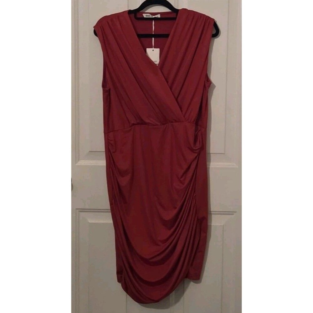 NWT - Grace Karin Red Ruched Sleeveless V-Neck Sheath Cocktail Dress - XL